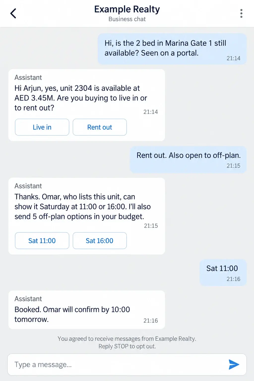 A phone chat between a buyer and the brokerage’s assistant: the buyer asks whether the 2-bed in Marina Gate 1 is available, the assistant confirms the price and asks whether he will live in it or rent it out, offers Saturday viewing slots with the listing agent and books 11:00. A note says the buyer agreed to receive messages and can reply STOP.