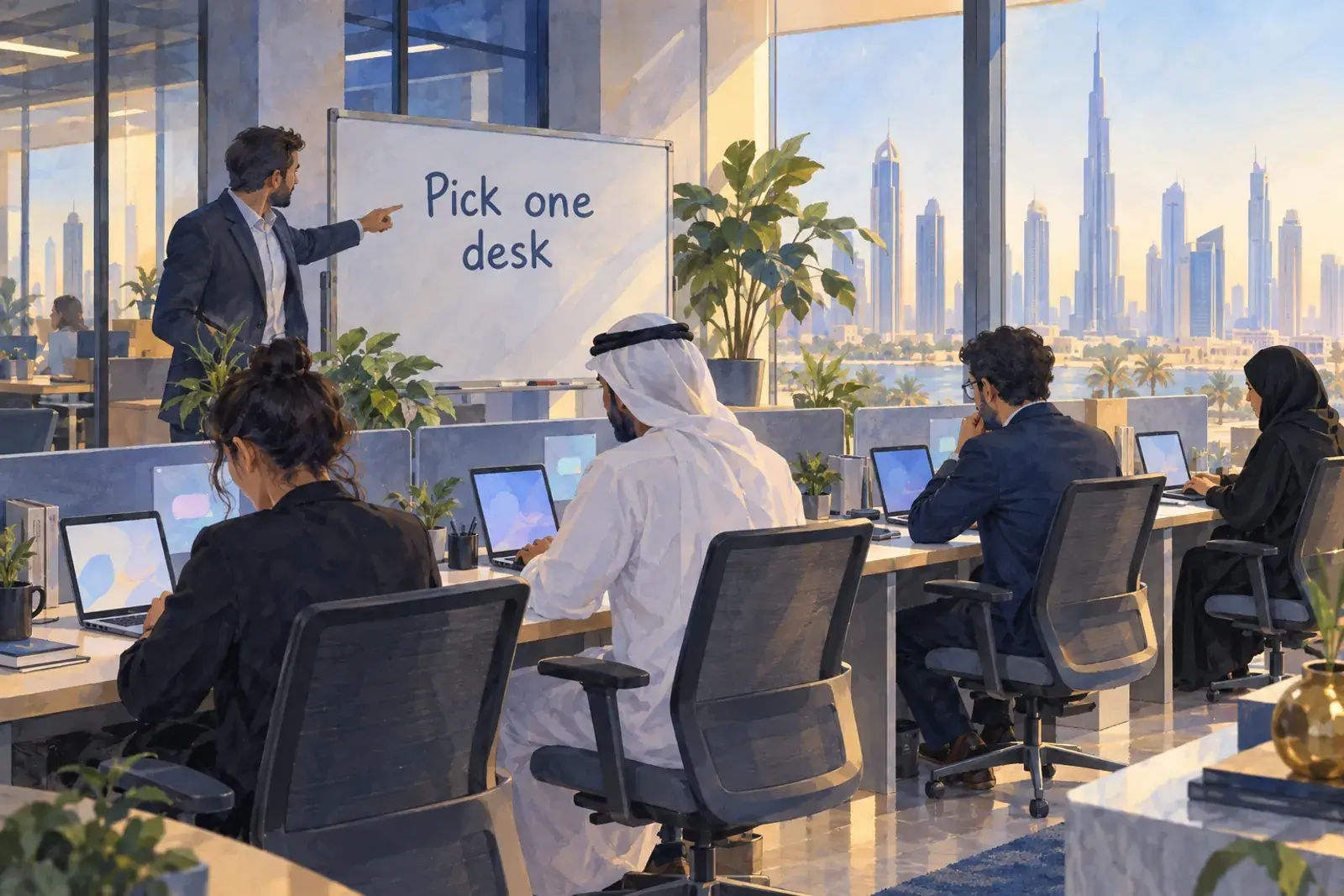 A bright open-plan office of a Gulf company with a sales desk, a finance desk and a front desk, a team lead pointing at one desk on a whiteboard that reads Pick one desk.