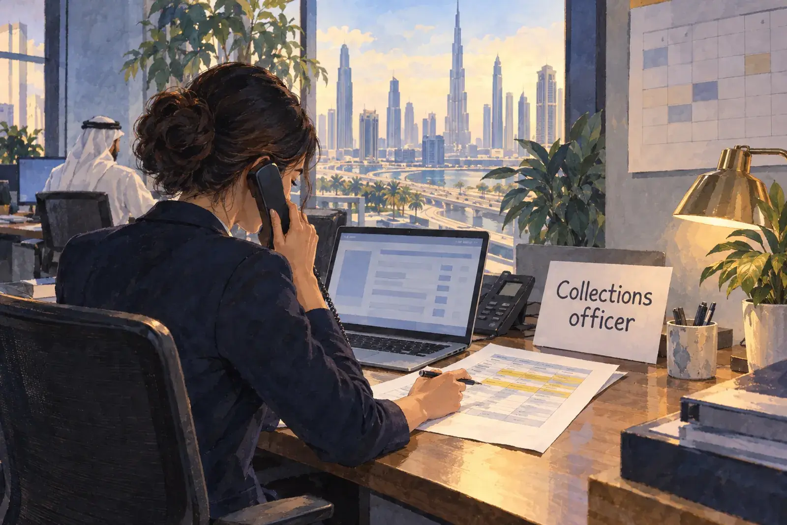 A collections officer at a developer finance desk in Dubai with a payment schedule on the laptop and a printed instalment plan, the words Collections officer on a sign.