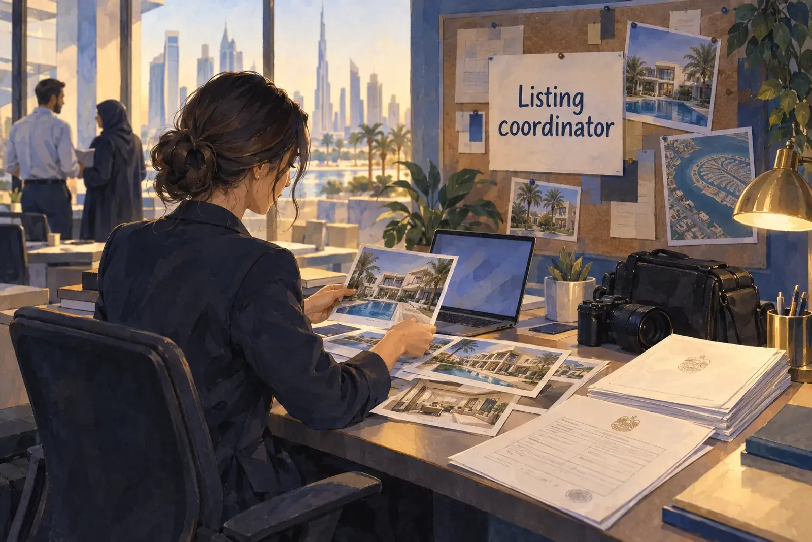 A listing coordinator at a Dubai brokerage with a laptop, printed title deeds and villa photos on the desk, the words Listing coordinator on a corkboard.
