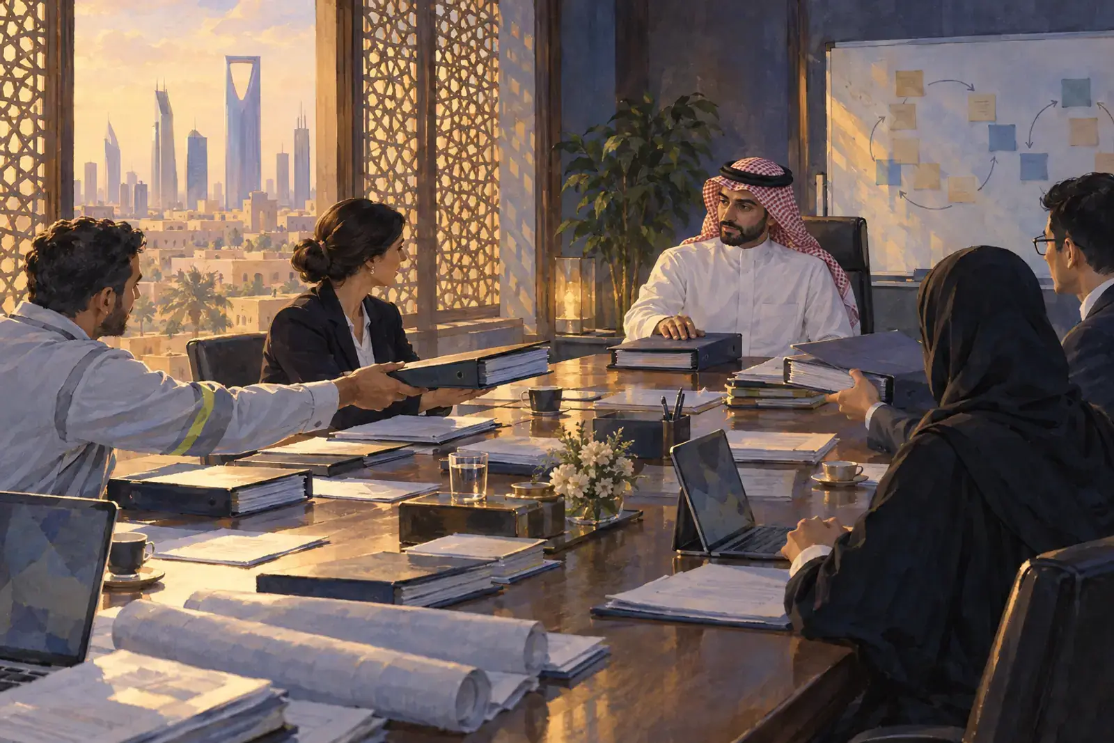 Painted bid room: a team around a long table passing tender binders between them while the bid manager holds one back for review