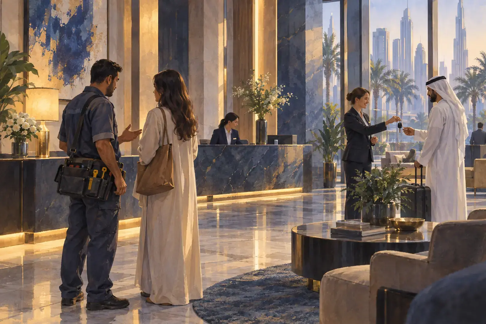 The lobby of a finished Dubai residential tower: a technician with a tool bag talks to a resident, a concierge desk, a leasing agent hands keys to a new tenant.