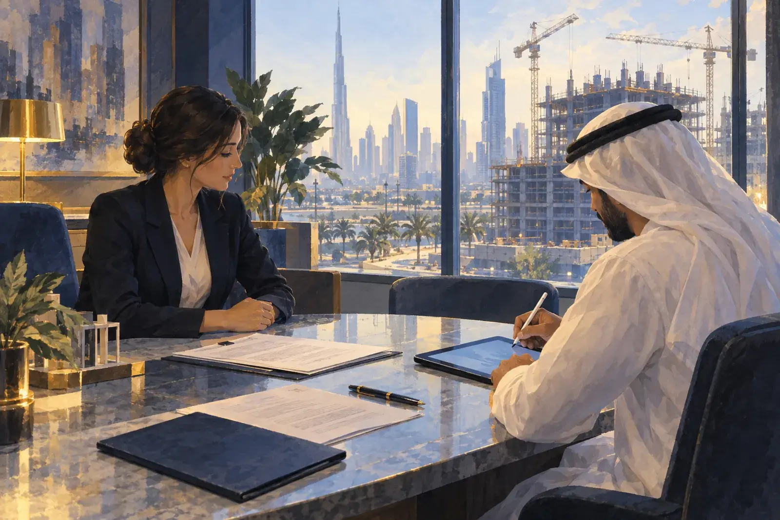 A sales administrator and a buyer in a meeting room, the buyer signing a contract on a tablet with a stylus, printed pages and a pen on the table, cranes through the window.