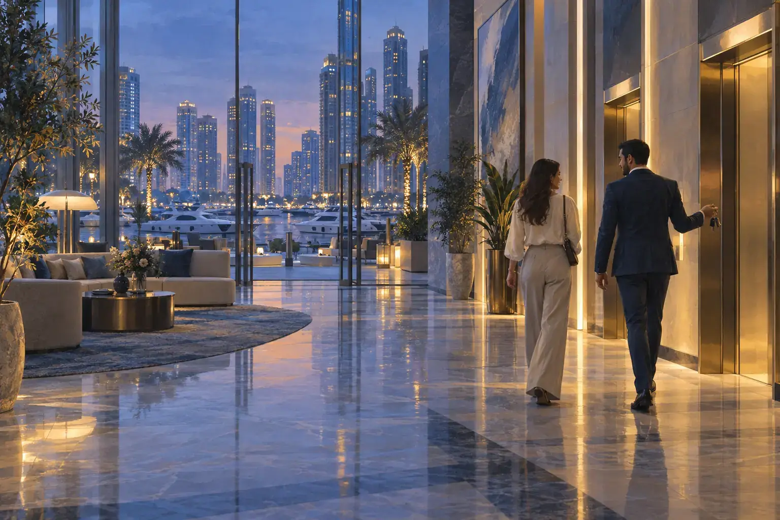 Evening at Dubai Marina: an agent leads a buyer through a residence lobby toward the lift, the water and towers through the glass.