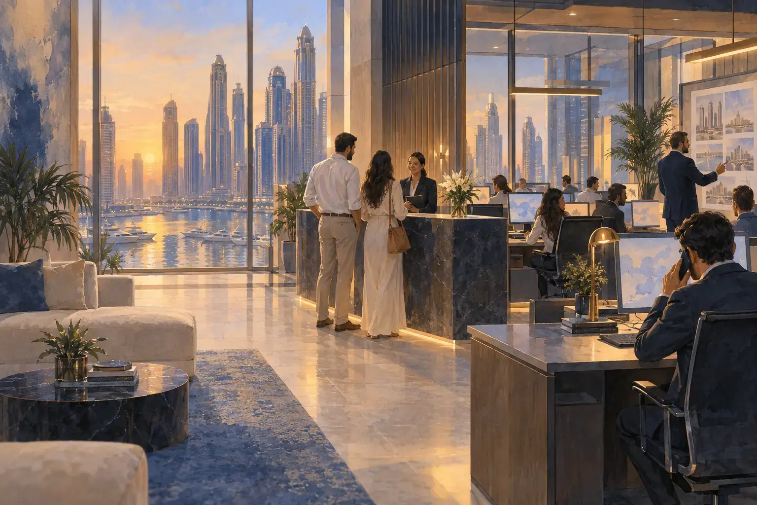 A busy brokerage office in Dubai at sunset: agents at desks and on the phone, a couple at the reception counter, the marina and towers through the glass.