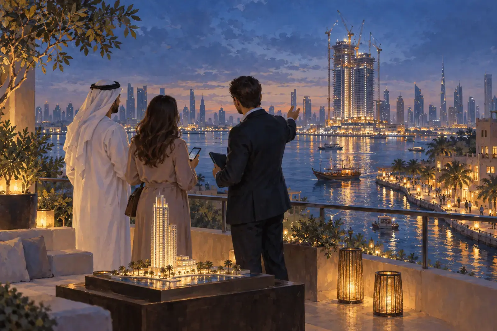 Evening on Dubai Creek: a consultant and two buyers on a terrace look across the water at an off-plan tower under cranes, a scale model on the table beside them.