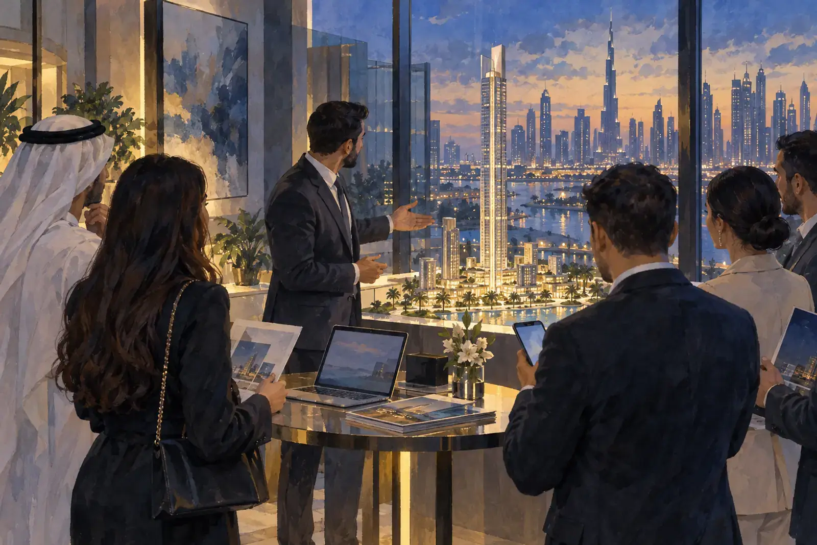 A channel manager presents a tower scale model to a group of property brokers holding phones and brochures, a laptop on a high table, evening light.