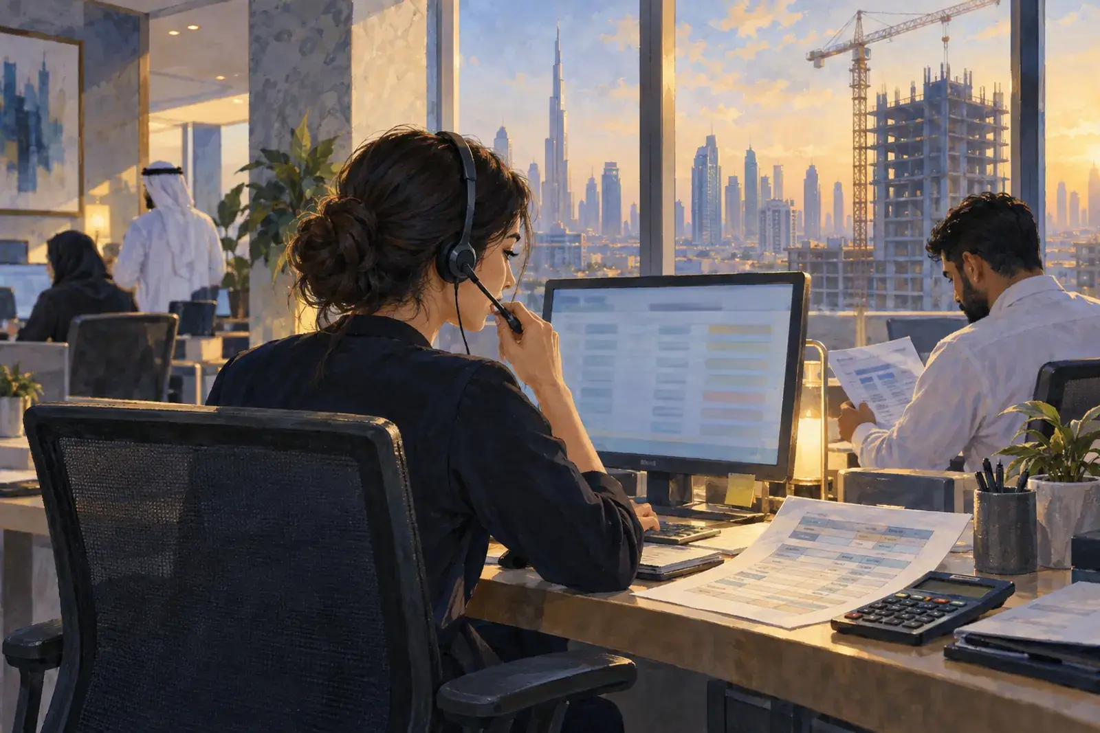 A collections officer on a headset call at a developer’s customer care desk, a payment schedule and calculator beside her, a colleague checking a bank statement, a half-built tower outside.
