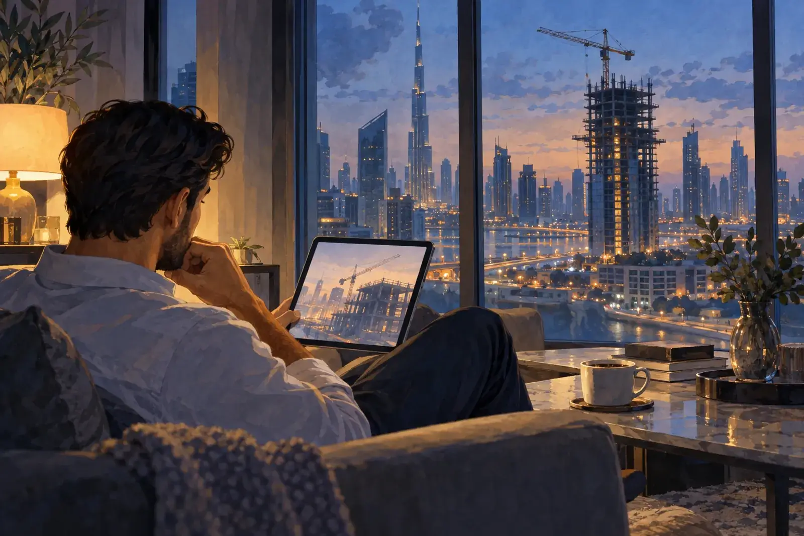 An overseas buyer at home in the evening looks at a tablet showing a construction site, a coffee cup beside him and a city skyline with a crane through the window.