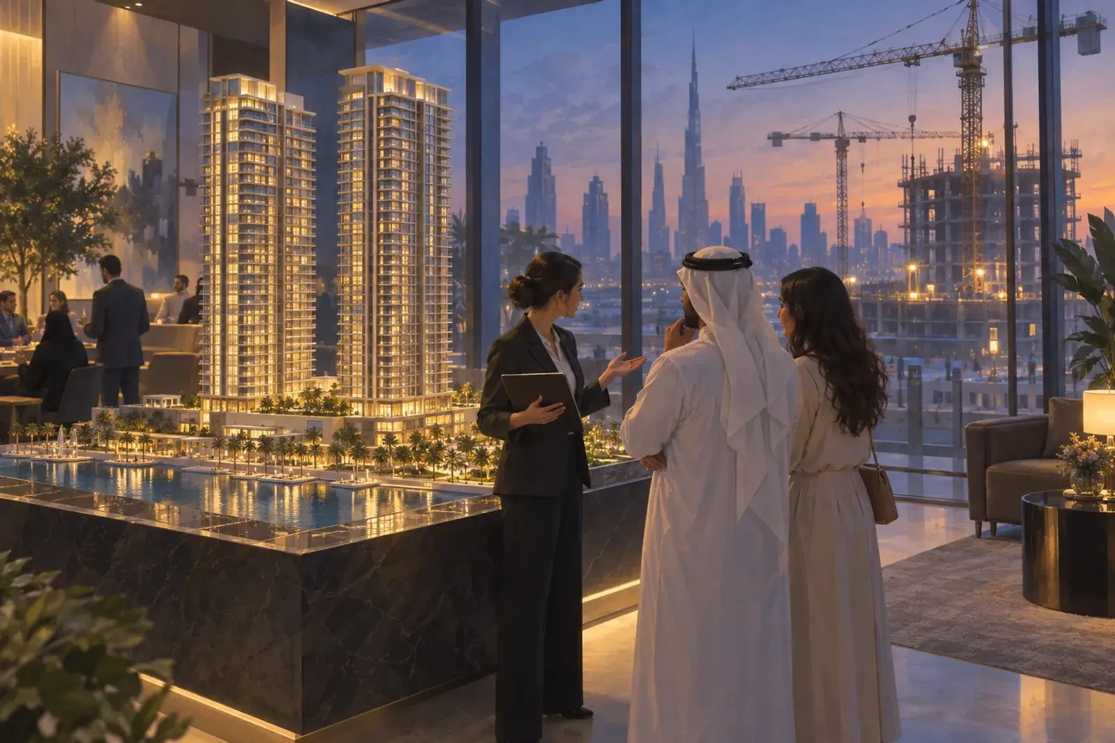 A developer’s sales gallery in Dubai: a scale model of two towers under warm light, a consultant with a tablet talking with a couple, cranes over a construction site through the glass.