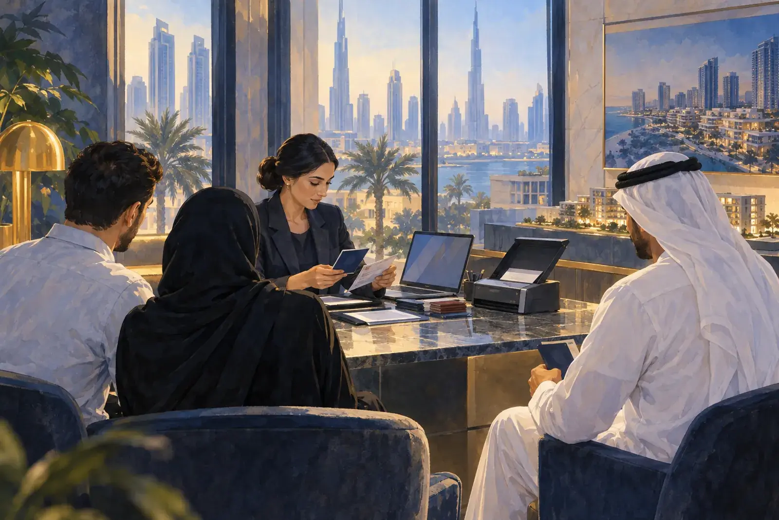 A compliance officer at a developer’s sales office checks passports and company papers with a couple buying together and a man buying through his company, a scanner and laptop on the desk.