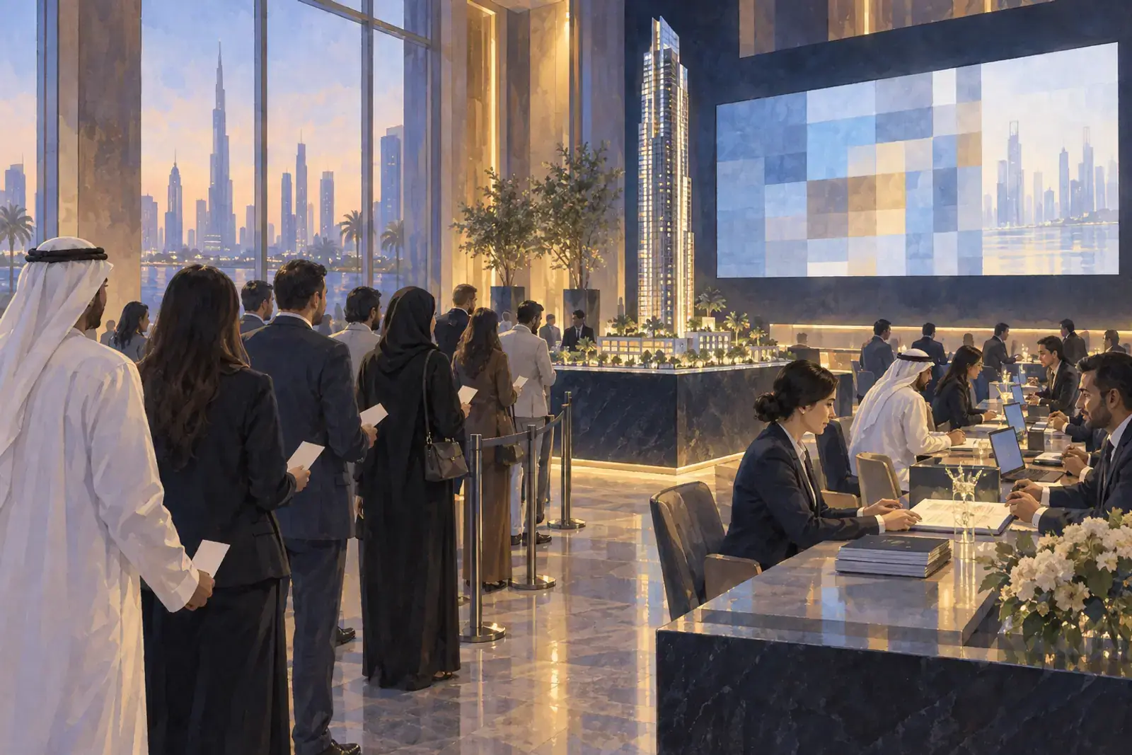Launch day in a Dubai event hall: buyers queue with paper tokens, consultants work at long tables with laptops, a wall screen shows an abstract grid of coloured squares beside a tower model.