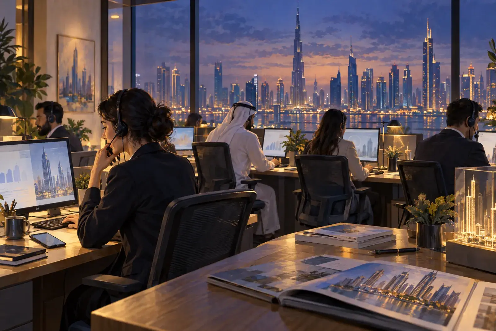 A developer’s call centre in the evening: agents with headsets at desks, monitors with soft charts and phones, the Dubai skyline through a large window.