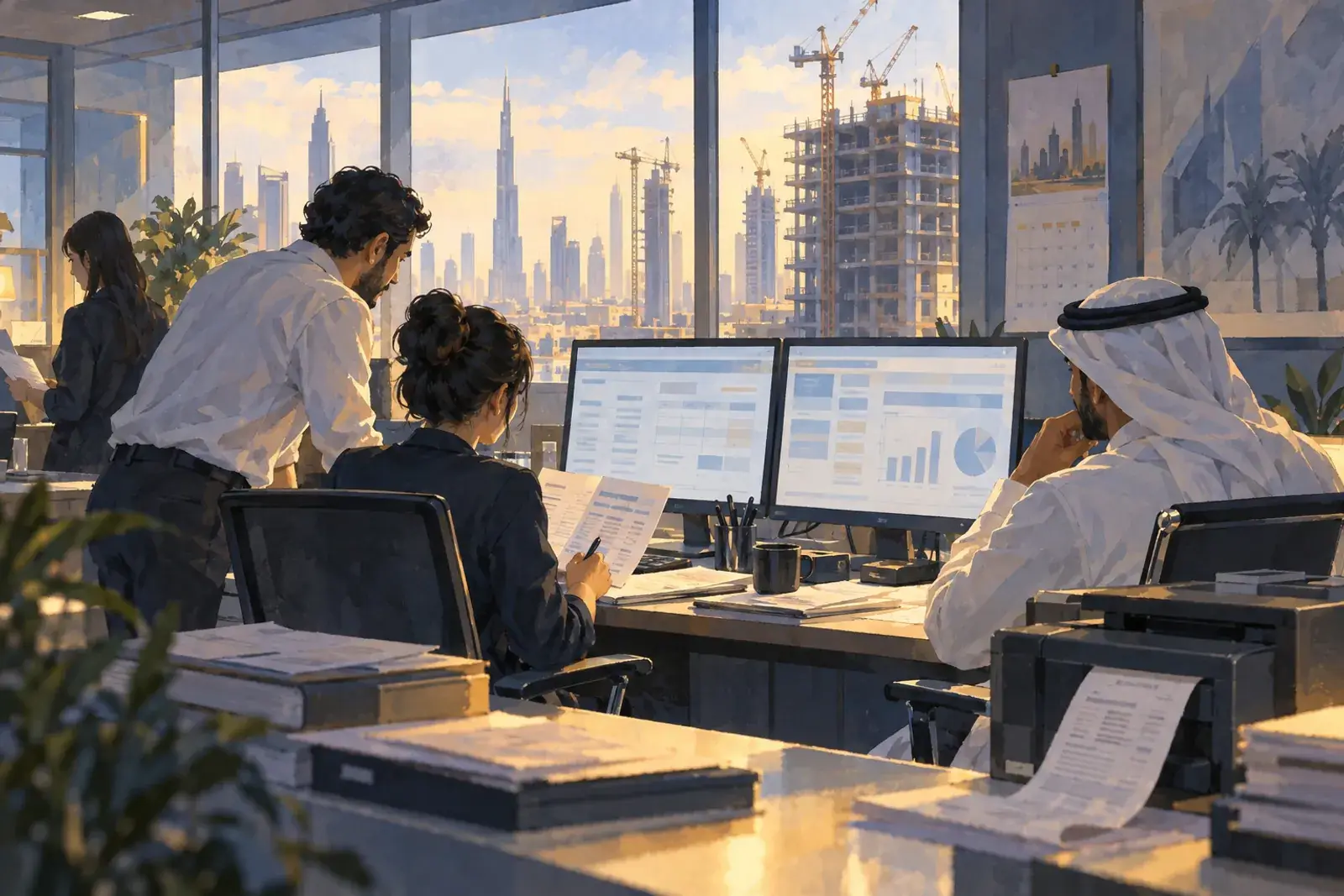A developer’s finance team reviews payment schedules on two large monitors, a printer with receipts and a wall calendar, a half-built tower outside.
