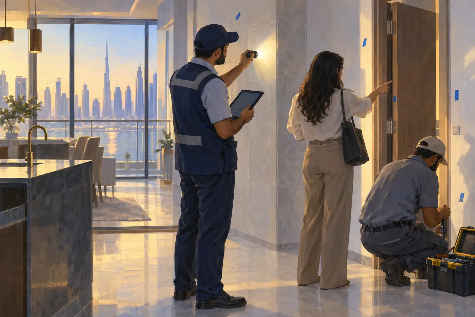 A snagging inspection in a new Dubai apartment: an inspector with a tablet and torch checks a wall tile, the buyer points at a door hinge, blue tape marks on the wall, a contractor kneels with a toolbox.