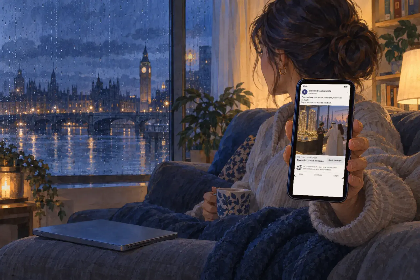 A buyer on a sofa in a London flat on a rainy evening, holding her phone with a property ad on it.