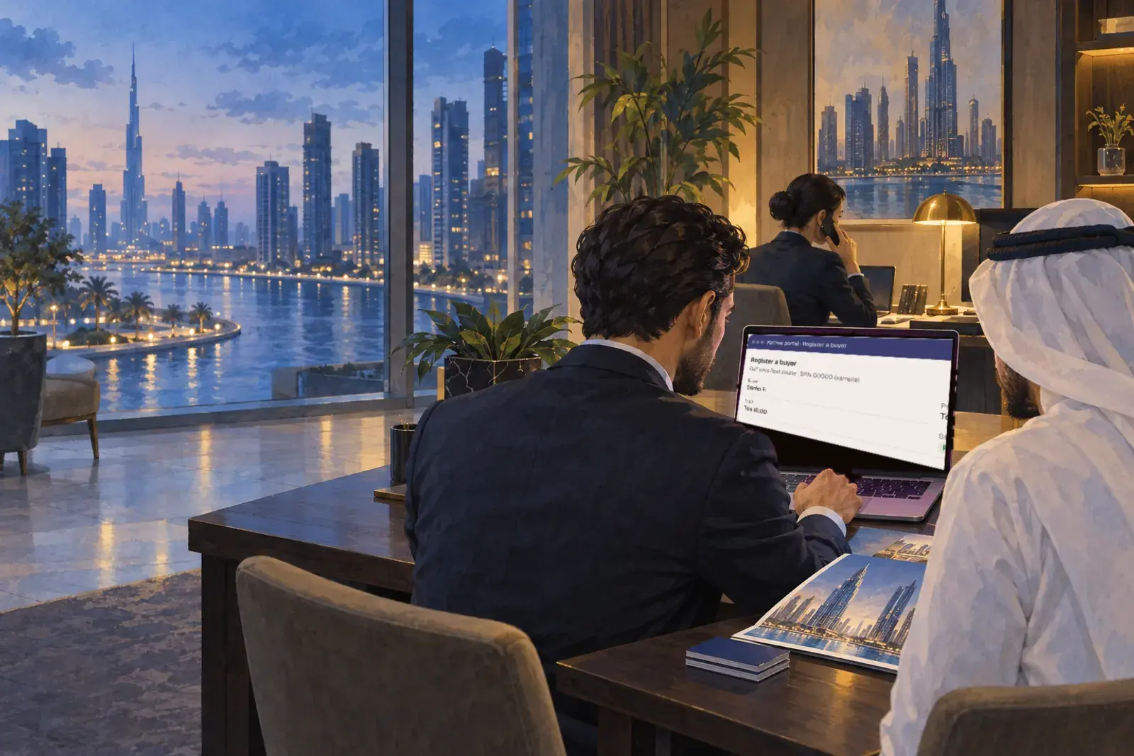 A broker at a small Business Bay brokerage office registering a client on a laptop, an off-plan brochure on the desk.