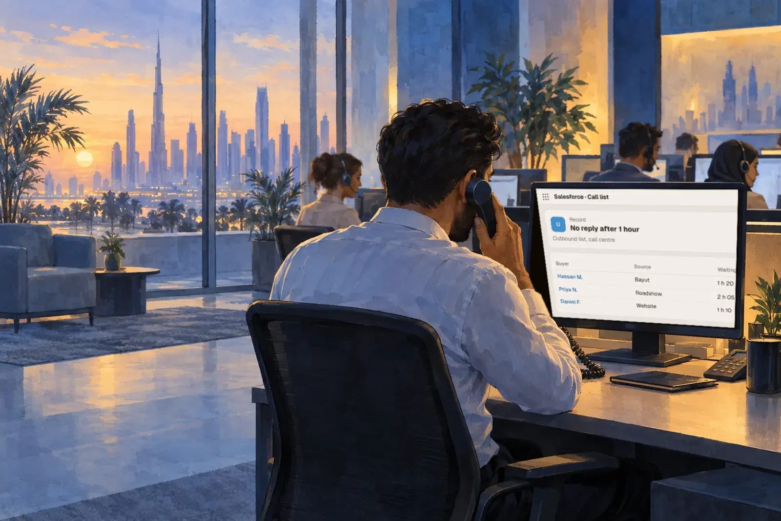 A call centre agent on the phone at a large monitor showing a call list, colleagues with headsets behind him.