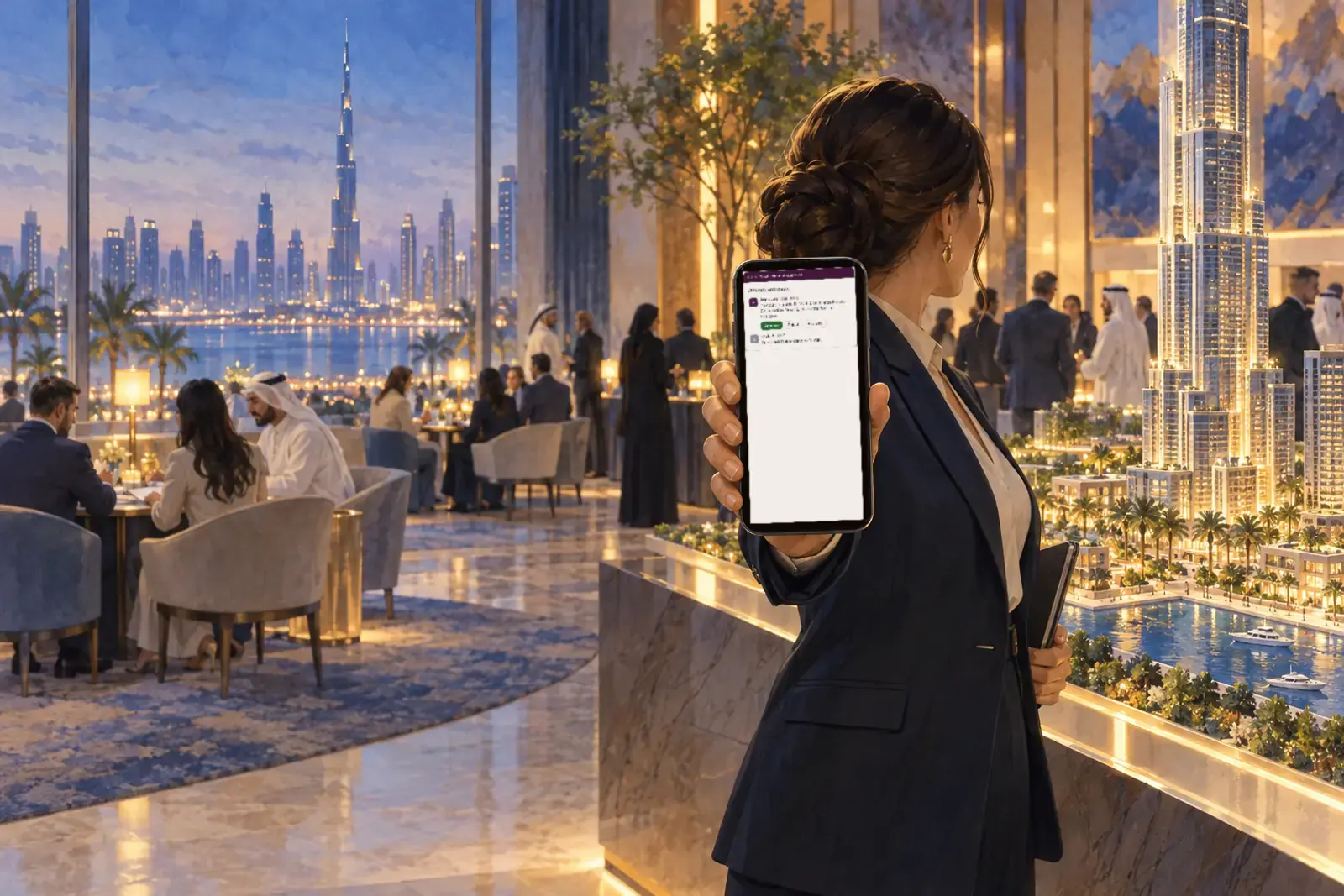 A sales director at a launch event holding her phone to approve a request, a tower model and buyers at tables behind her.
