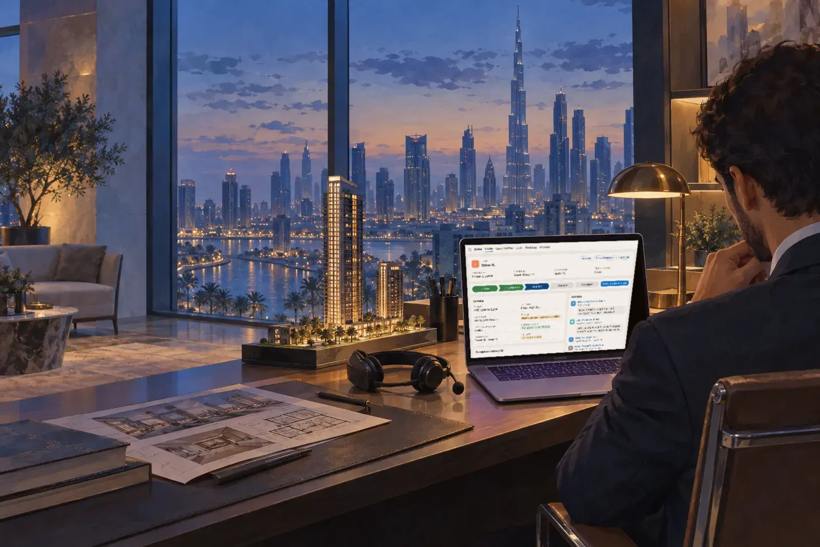 A sales consultant at a Dubai sales office desk with a customer record open on her laptop, a tower model beside her.