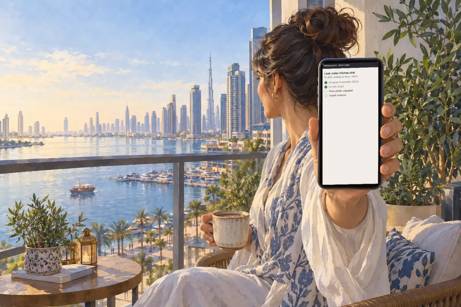 An owner on her balcony at Dubai Creek Harbour in the morning, messaging the building maintenance team on her phone.