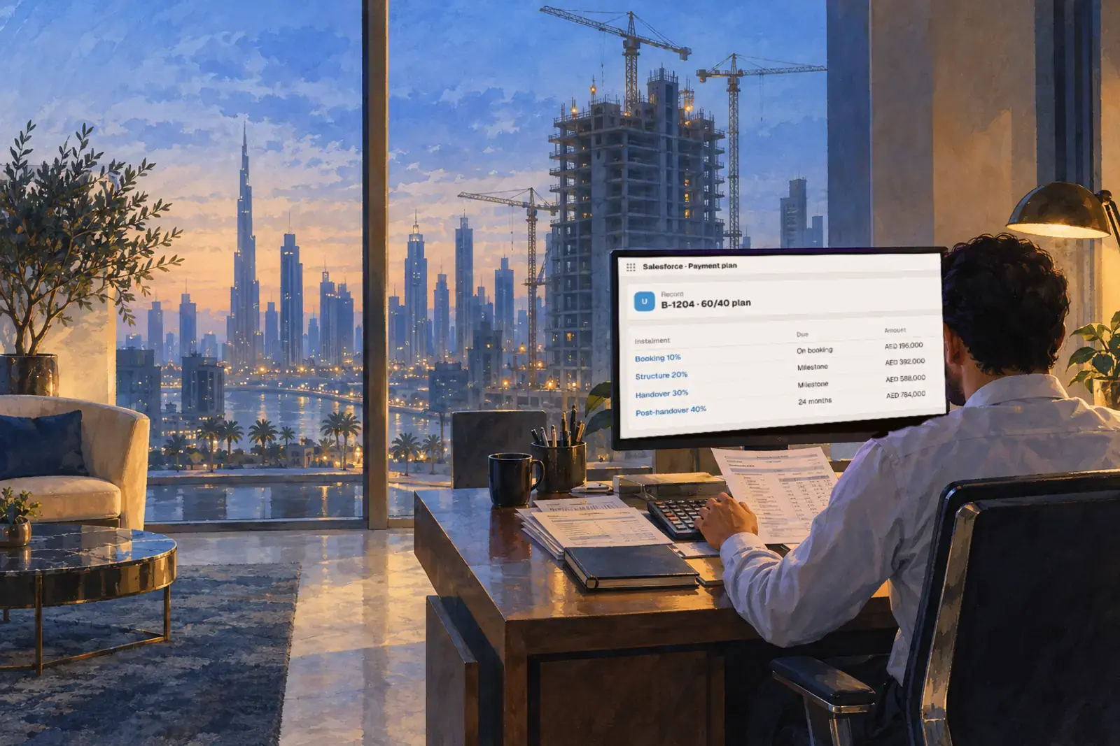 A finance officer at a collections desk checking instalments on a large monitor, a bank statement on the desk and a tower with cranes outside.