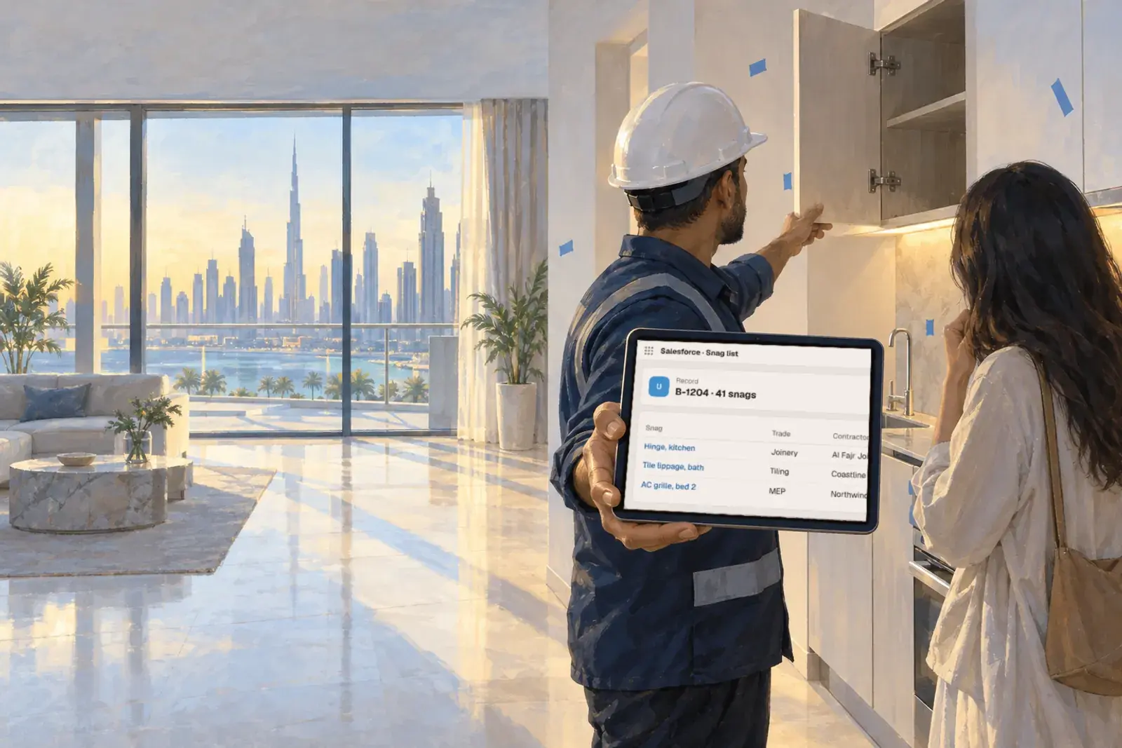 A handover inspector and a new owner in a finished apartment, the inspector holding a tablet to log a snag.
