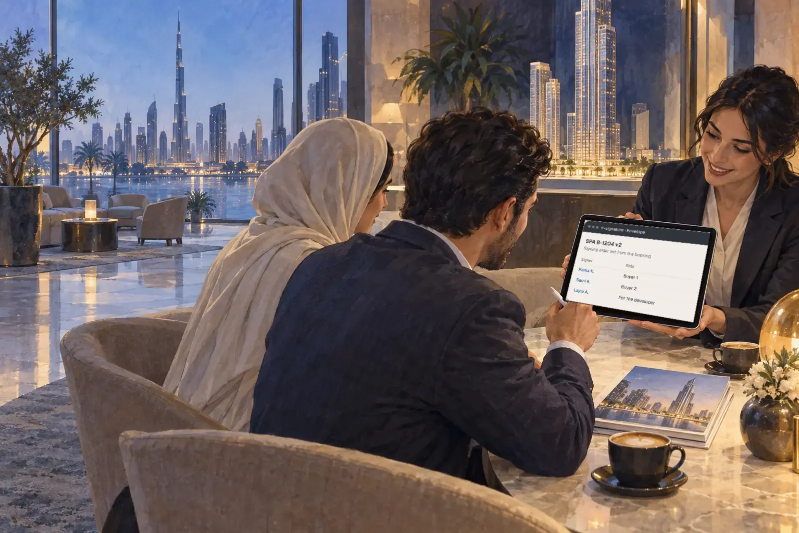 A couple signing an agreement on a tablet at a sales lounge, a consultant beside them.