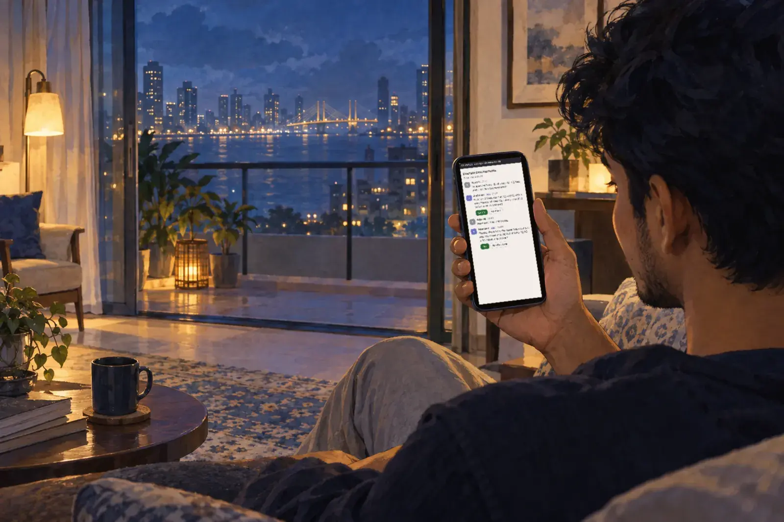 A buyer in a Mumbai apartment at night reading a chat reply on his phone.
