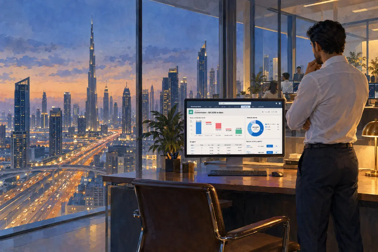 A brokerage owner stands at a monitor showing a commission dashboard, the city and its towers at dusk through the glass.