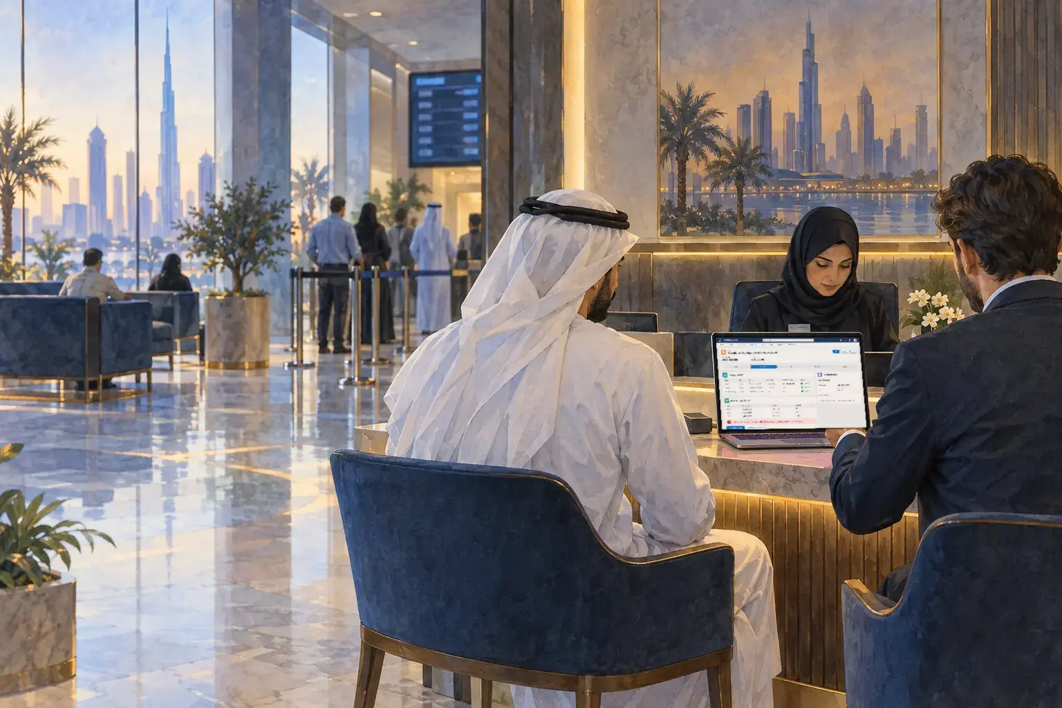 A buyer at a trustee office counter in Dubai, an agent beside him, a clerk at a laptop.