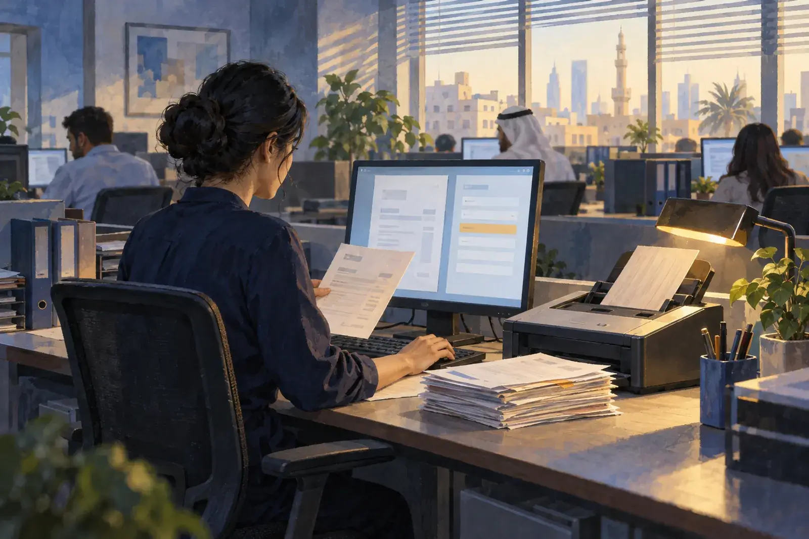 An accounts clerk with a stack of supplier invoices and a scanner, reviewing one field highlighted in amber on her screen.