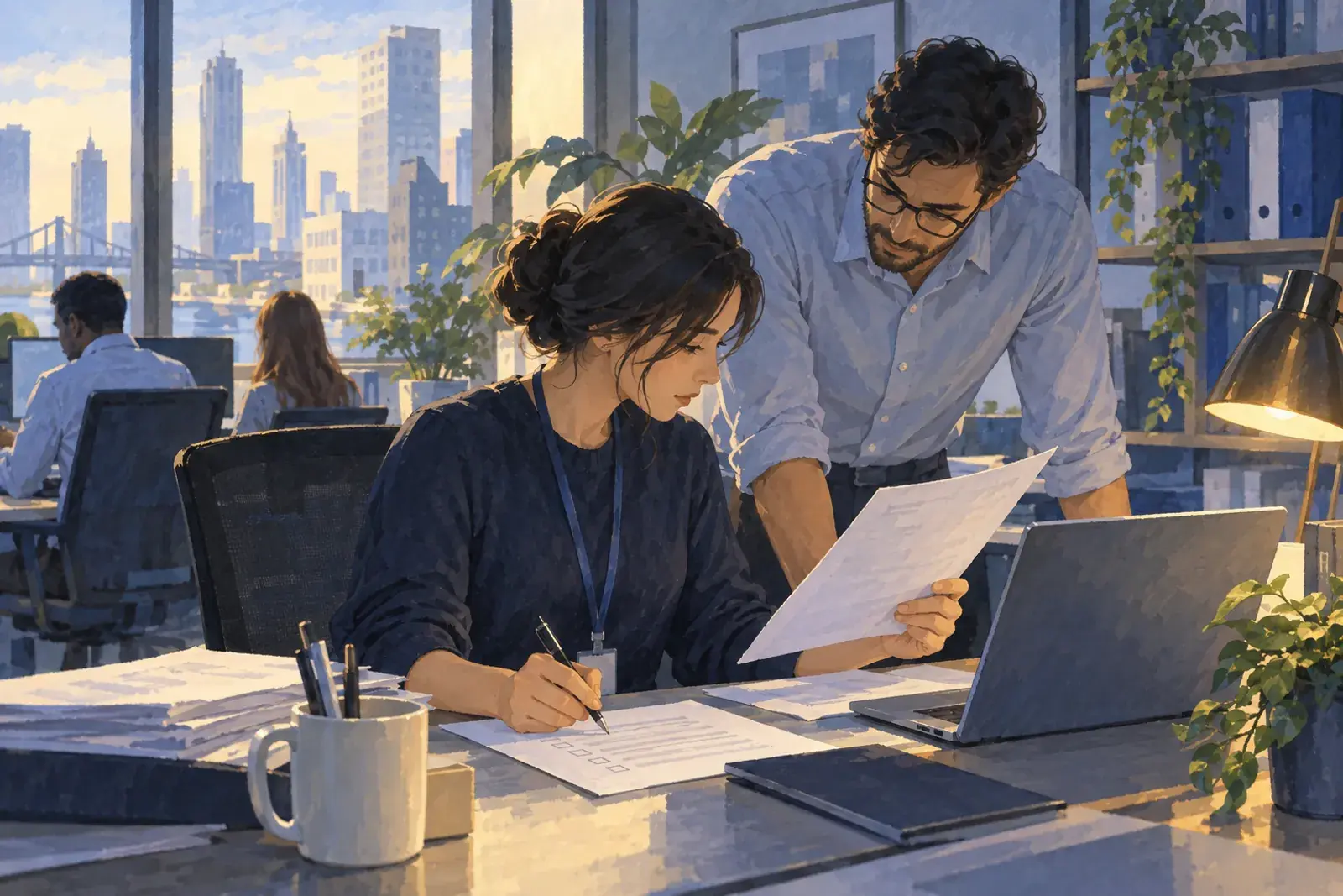 A reviewer in a US office ticks a paper checklist while reading printed pages beside a laptop, a colleague leaning in.