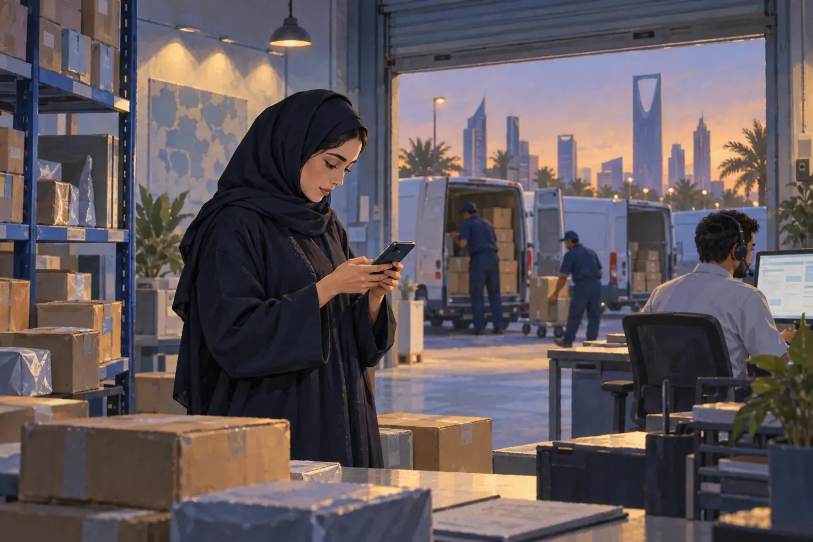 A courier service supervisor in Saudi Arabia answers customer messages on a phone as drivers load vans behind her.