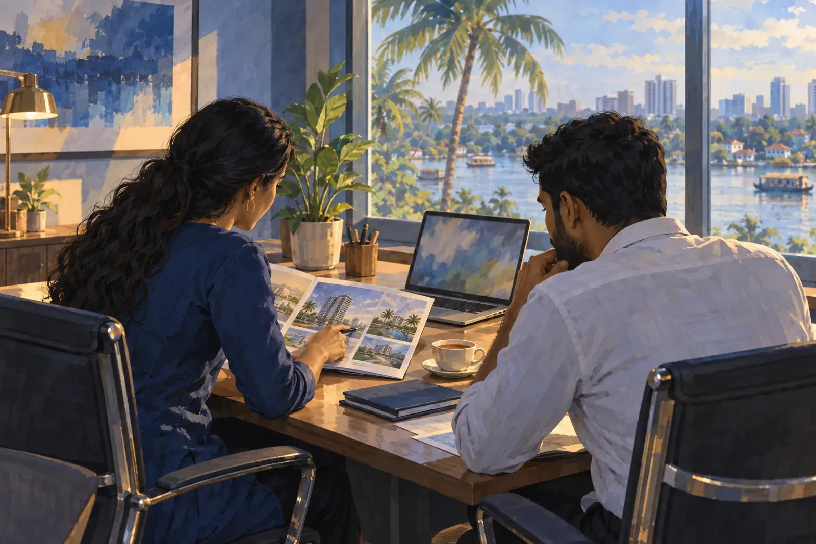 A real estate marketing manager and a developer in Kochi compare a printed listing brochure with a laptop.