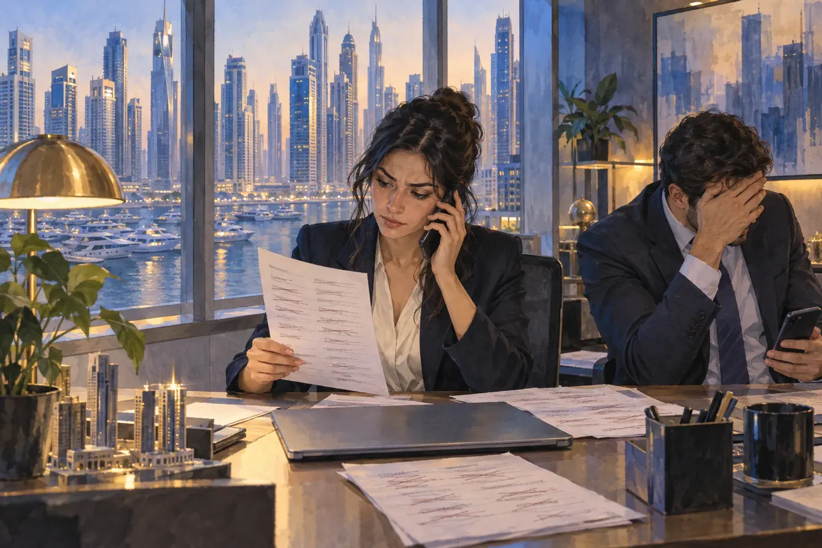 A Dubai brokerage sales manager on the phone with a printed lead list full of crossed-out lines.