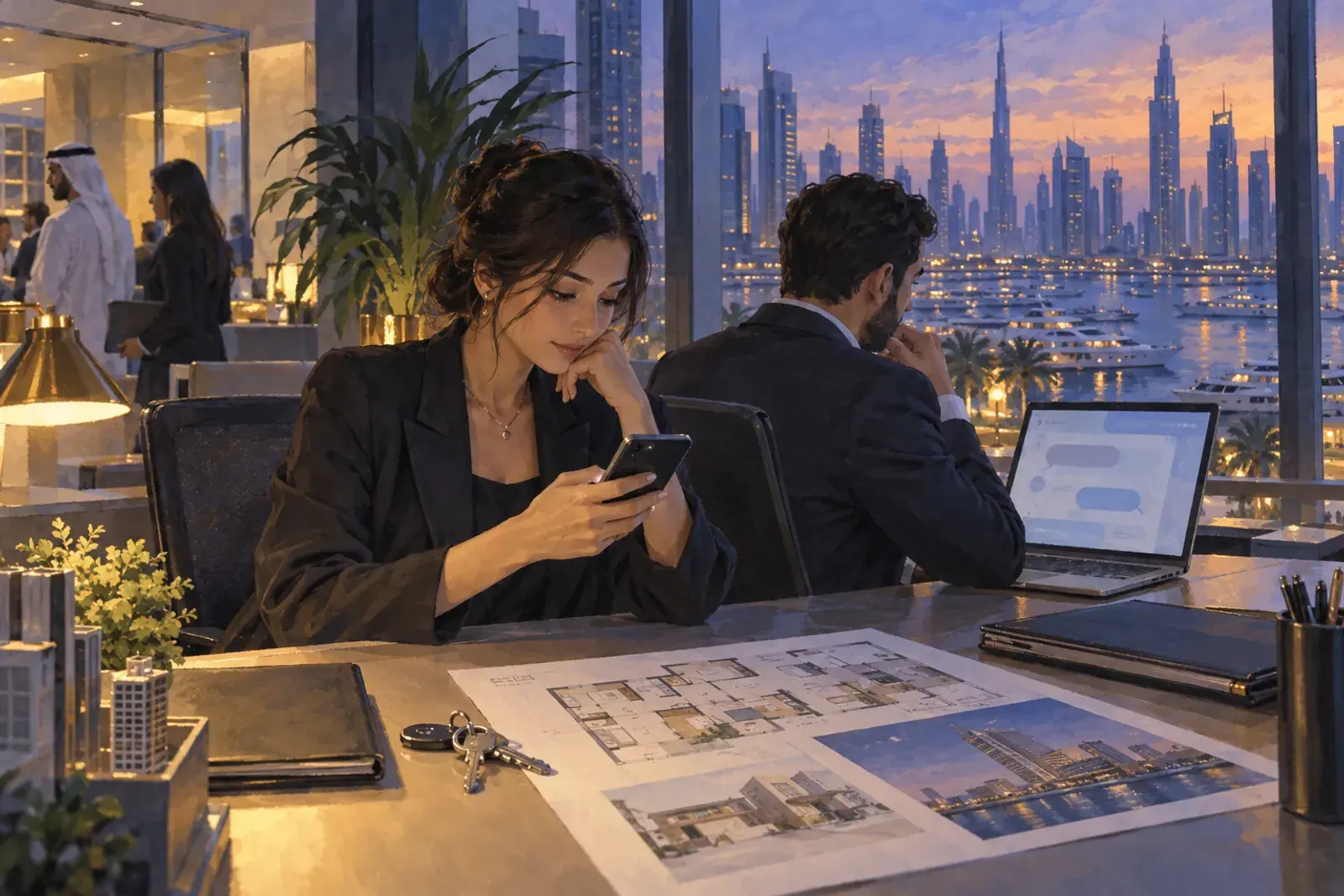 A leasing agent in a Dubai brokerage reads a customer chat on her phone while a colleague follows the team chat.