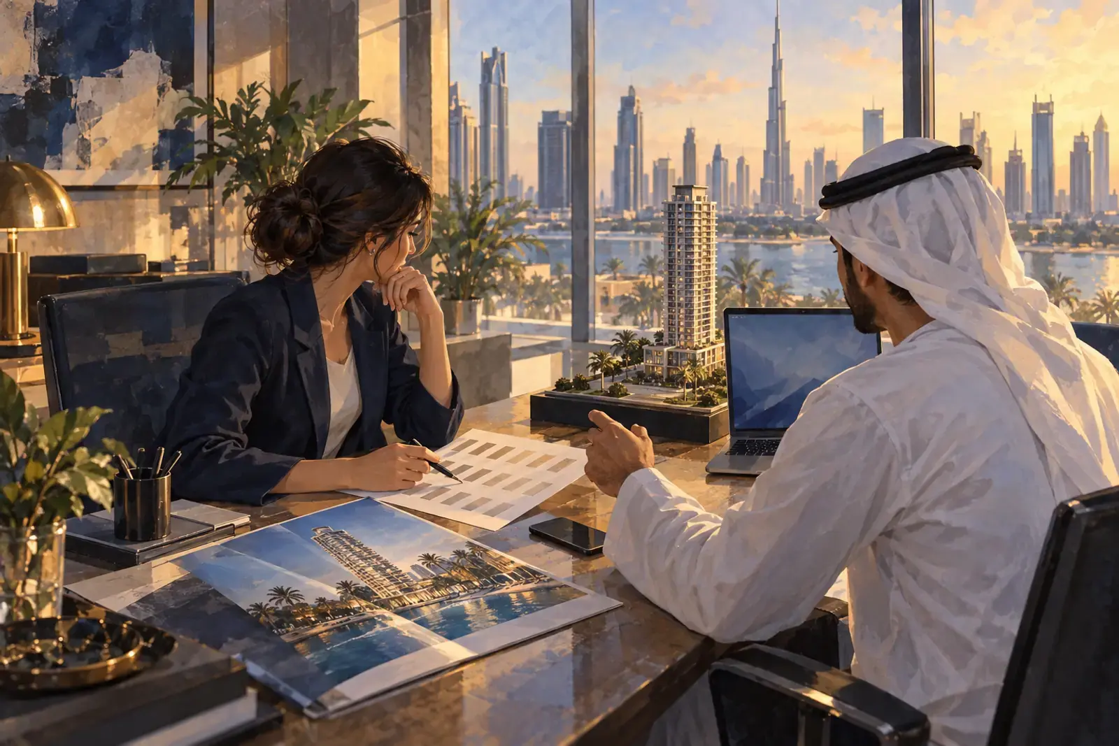 A marketing manager and a developer in a Dubai office go through a printed list of name ideas next to a tower model.