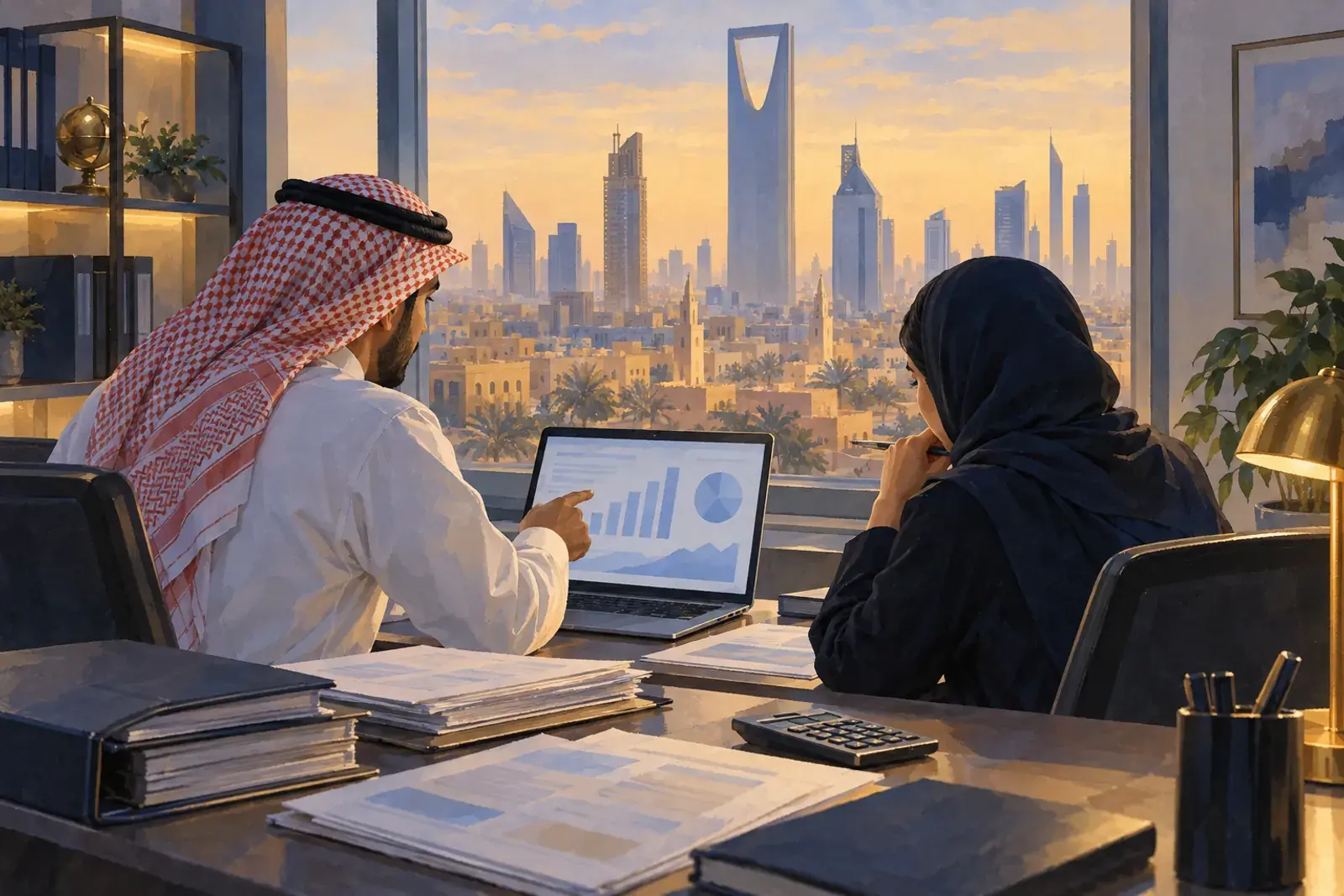 A data analyst and a credit officer in a Riyadh finance office review charts on a laptop beside loan folders.