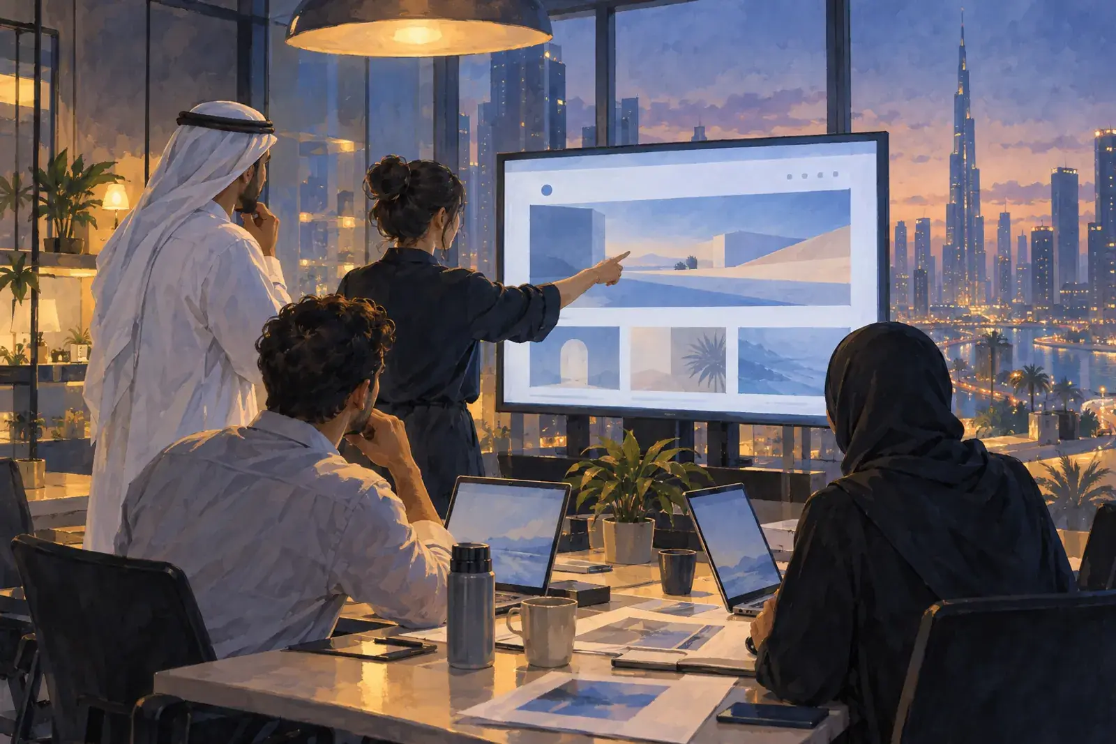 A product team in a Dubai office reviews a website preview on a large screen before it goes live.