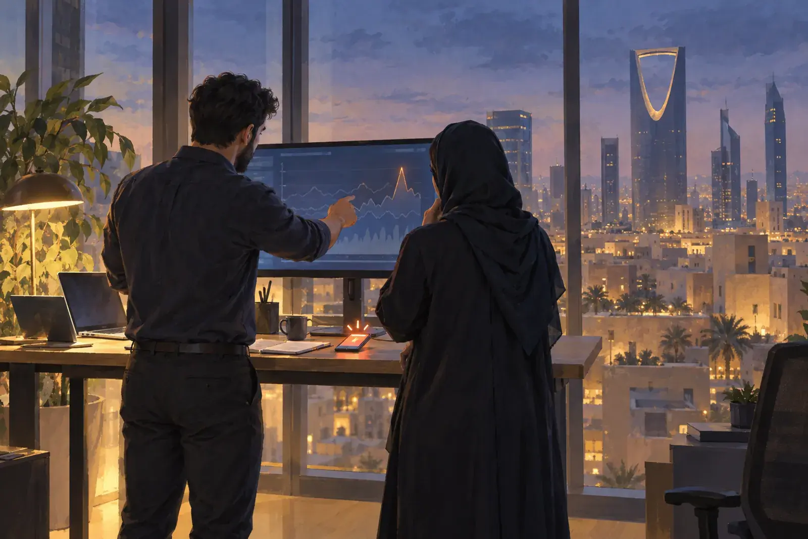 A developer and an operations lead in a Riyadh office look at charts on a monitor while a phone shows an alert.