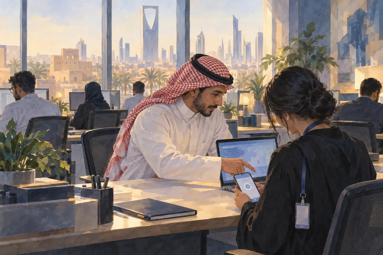 An IT administrator in a Riyadh office helps a colleague sign in to an internal tool with her company login.