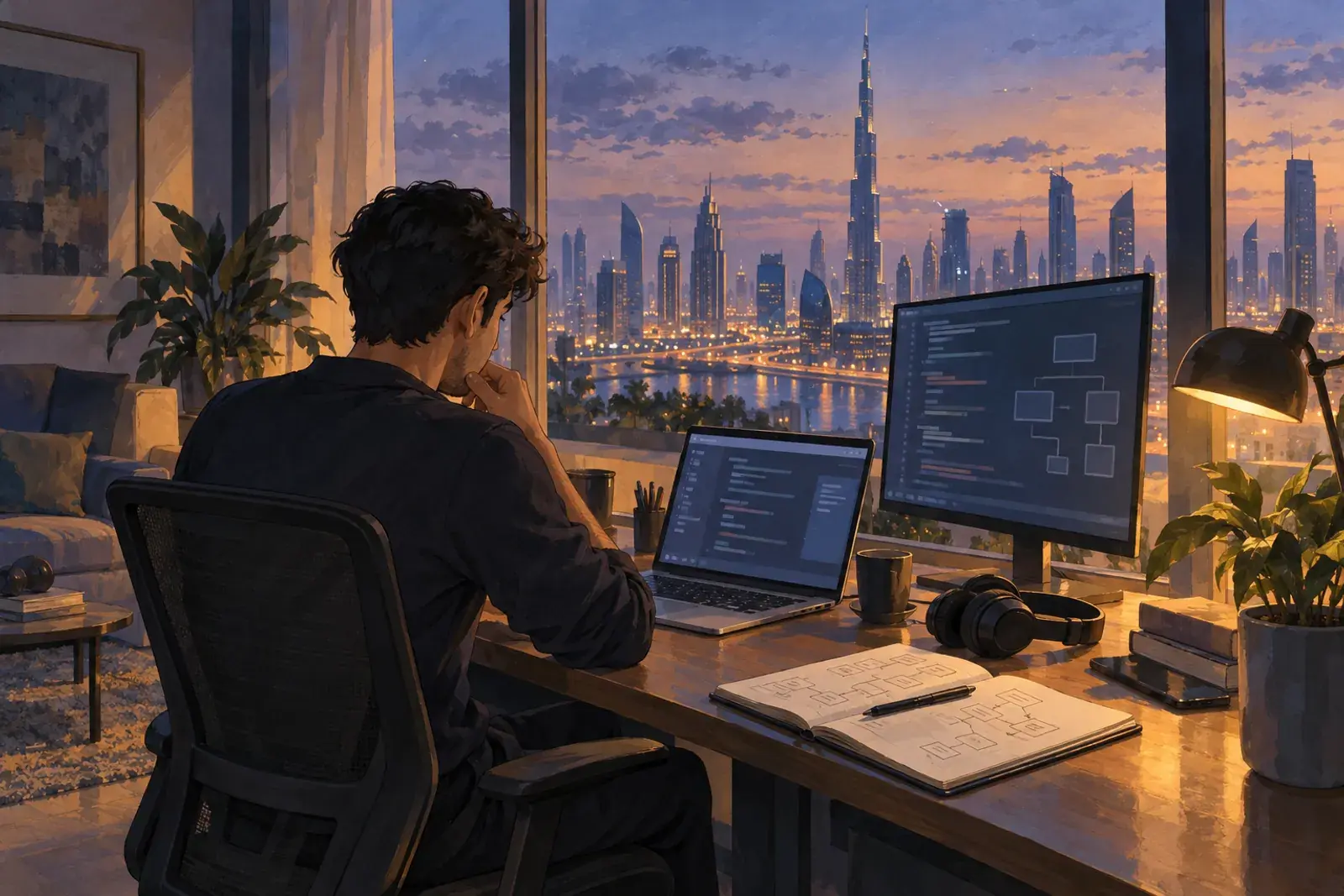 A developer in a Dubai apartment works with a coding assistant, with a notebook of boxes and arrows beside the laptop.