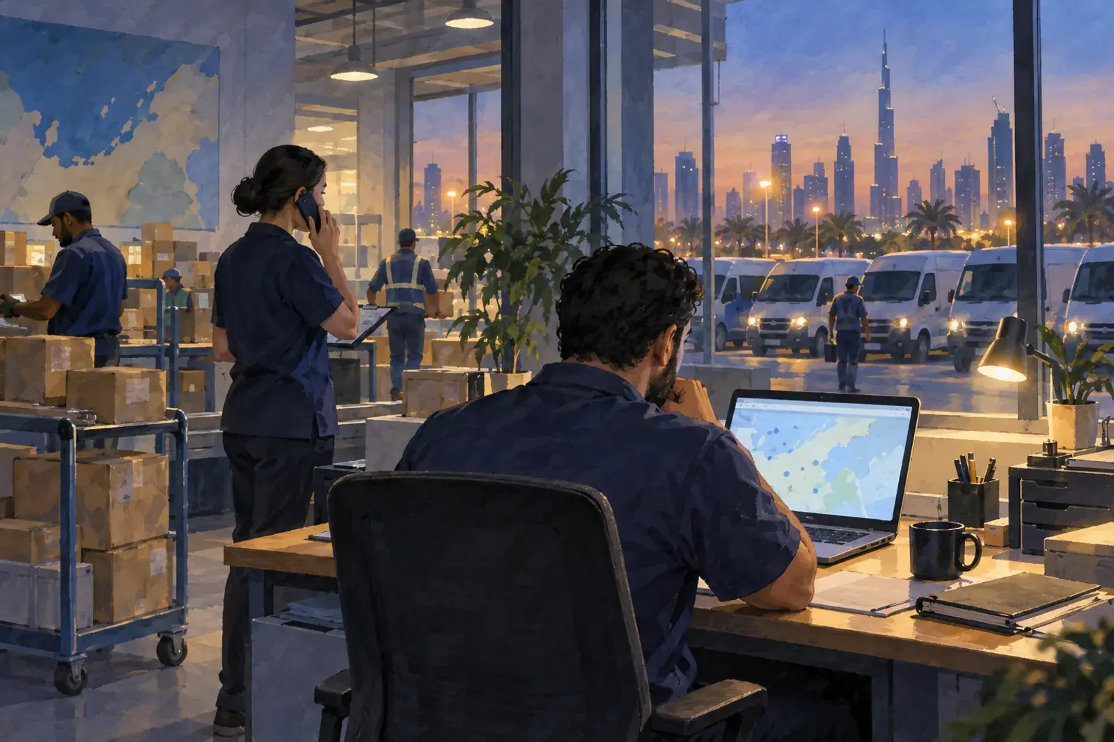 An operations lead and a dispatcher in a Dubai courier depot follow the evening delivery rush on a laptop.
