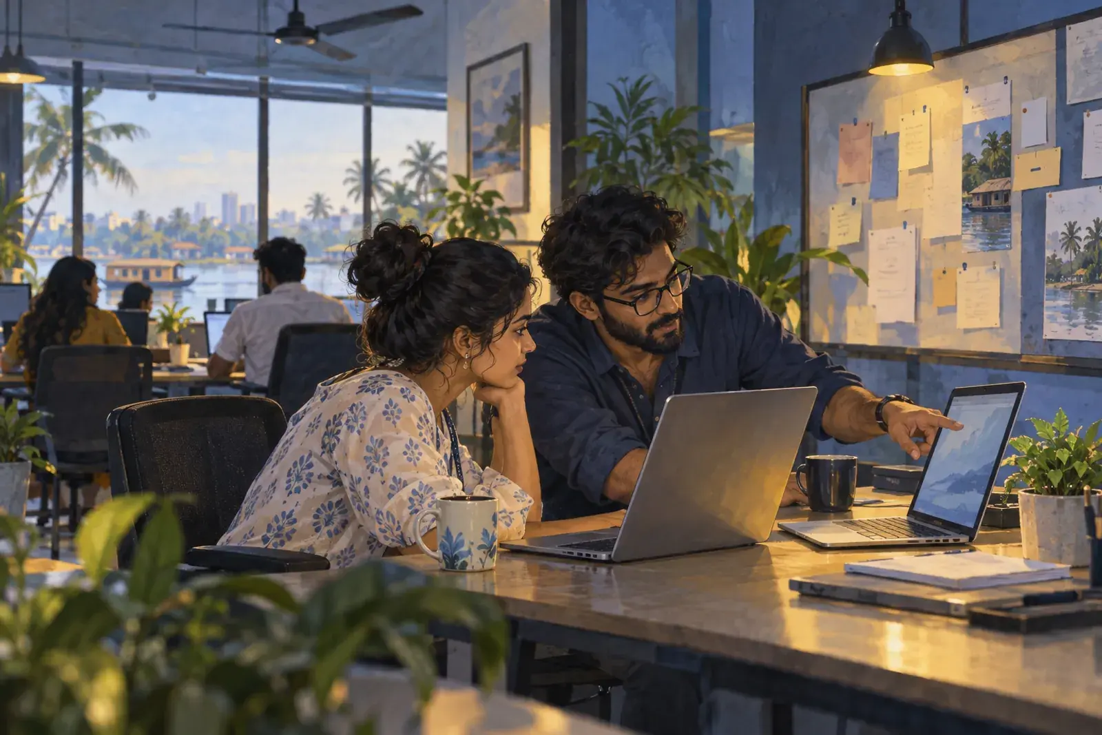 Two developers at an Indian agency office review a coding task on laptops beside a wall of task notes.