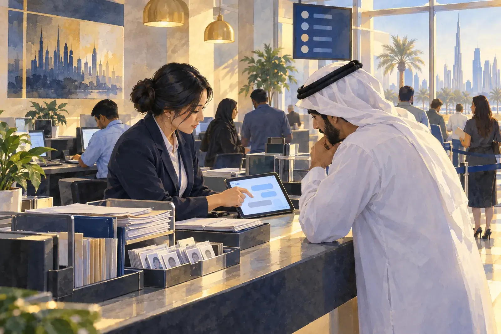 A staff member and a customer at a PRO services counter read an assistant answer together on a tablet.