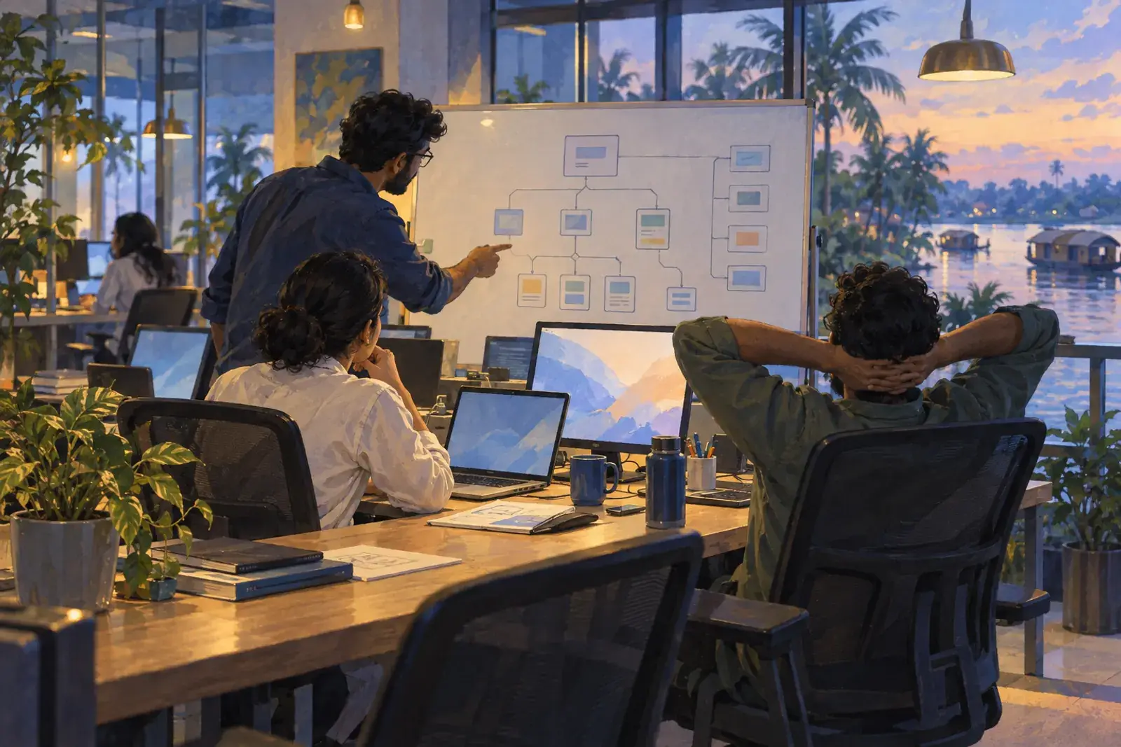 An engineering lead maps apps on a whiteboard in a Kochi office while one developer leans back as a build finishes.