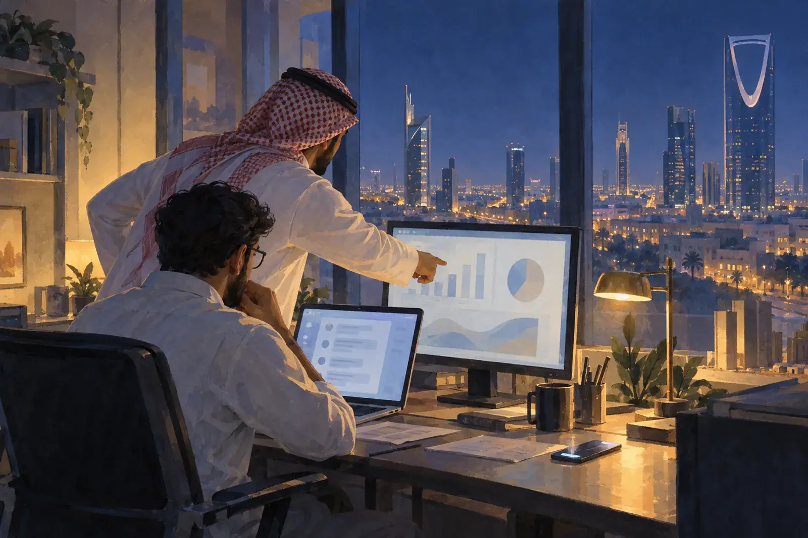 Two engineers in a Riyadh office at night read a chat thread and charts while tracing a failed release.
