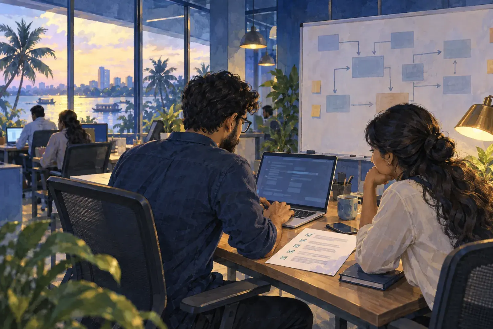 A developer and a project manager in a Kochi office tick off new client sites set up from a script.