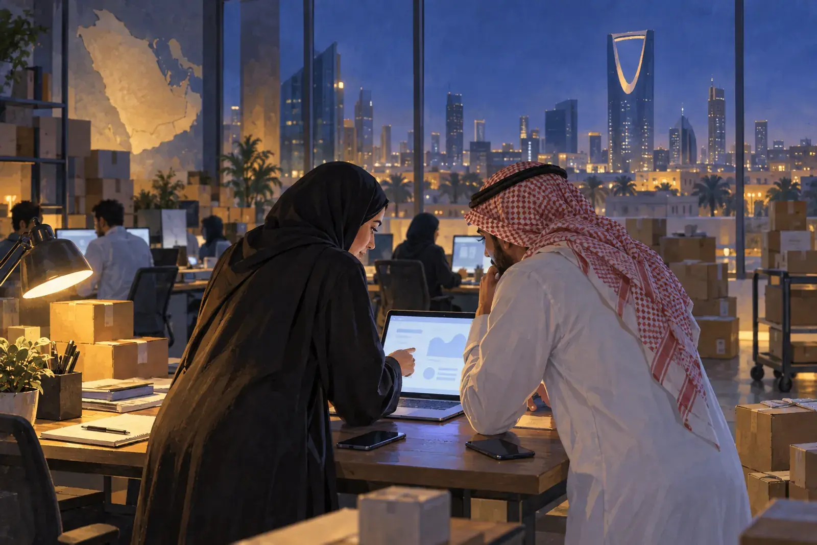 An e-commerce manager and a developer in Riyadh watch a laptop late at night during a big online sale.